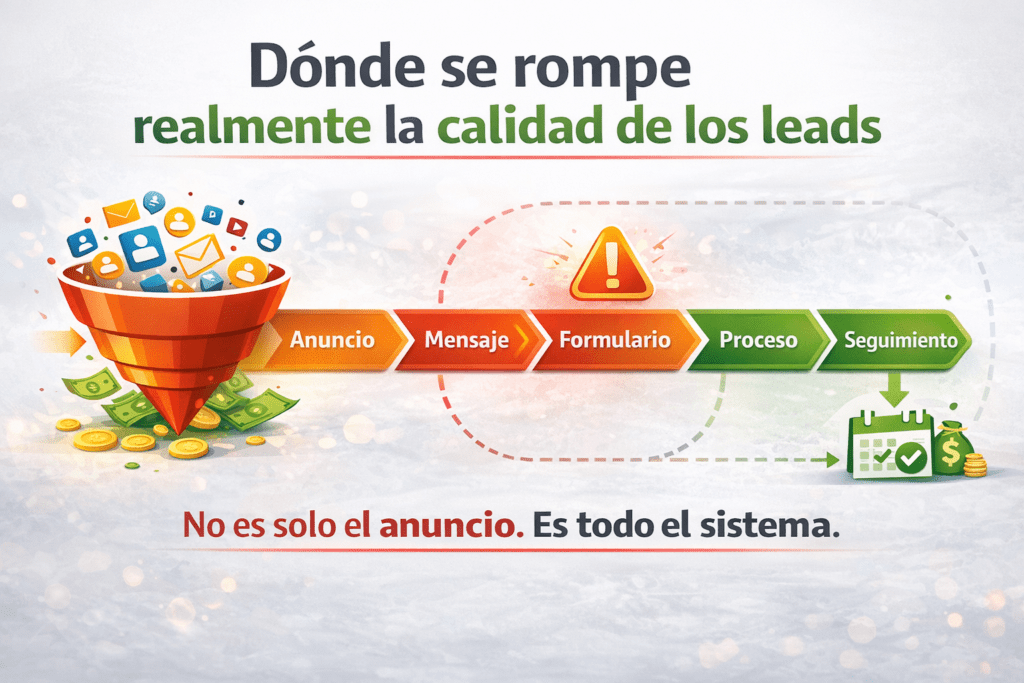 Diagrama del sistema: dónde se rompe realmente la calidad de los leads (anuncio, mensaje, formulario, proceso, seguimiento y venta)
