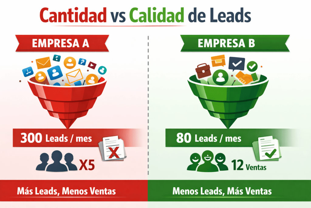 Comparativa calidad de leads: Empresa A (muchos leads, pocas ventas) vs Empresa B (menos leads, más ventas)