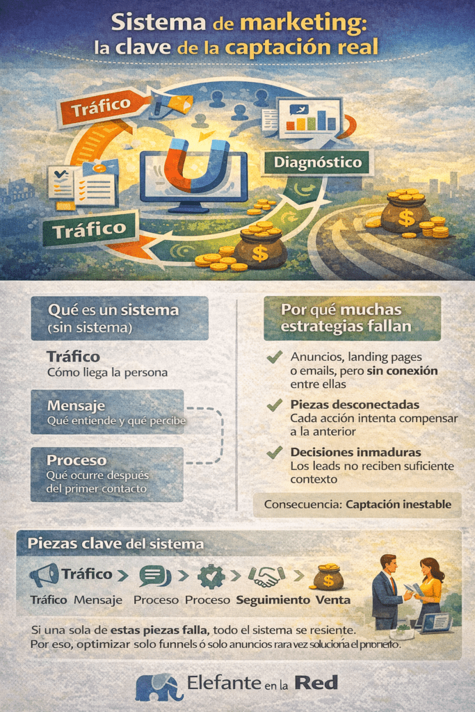 Infografía: sistema de marketing y sus 5 piezas, con síntomas cuando falla cada una